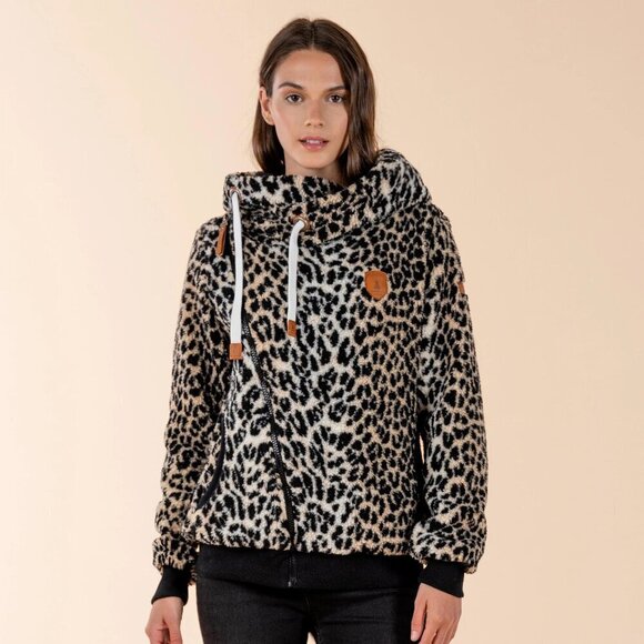 Wanakome Bliss Sherpa Leopard Print Hoodie- Cowl Neck Full Zip Hoodie- Size XS - Picture 1 of 9